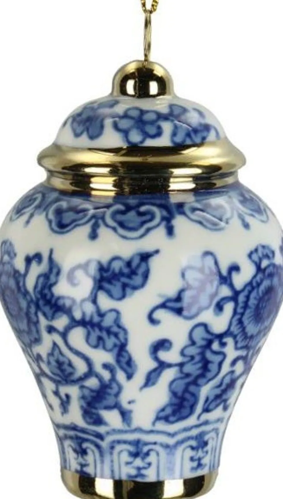 Kerst ornament Astonne wit / blauw bladeren D 5 H 7 cm