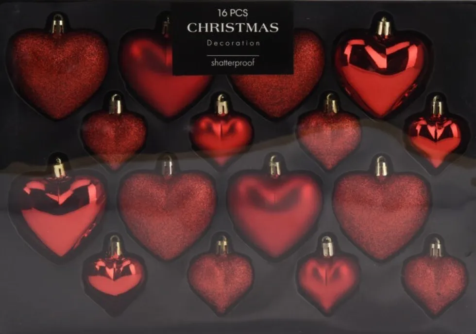 Kerst ornament Fitun hart rood 6,5 x 6,5 x 2 cm 16 stuks