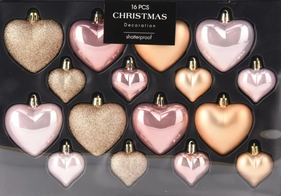 Kerst ornament Fitun hart roze 6,5 x 6,5 x 2 cm 16 stuks
