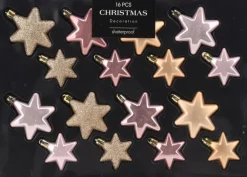 Kerst ornament Fitun ster roze 6 x 6 x 2 cm 16 stuks