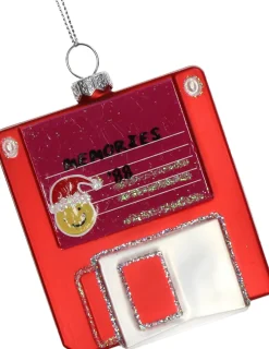 Kerst ornament floppy disk rood / wit 7 x 1,9 x 8,9 cm
