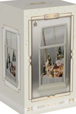 Kersttafereel ski piste huis met verlichting 22 x 20 x 38,5 cm