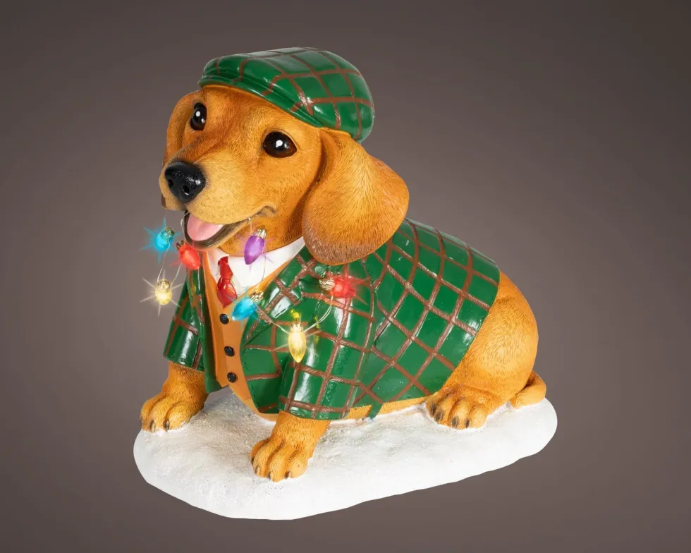 Lumineo kerstfiguur hond bruin / groen met verlichting 14,5 x 24 x 24 cm
