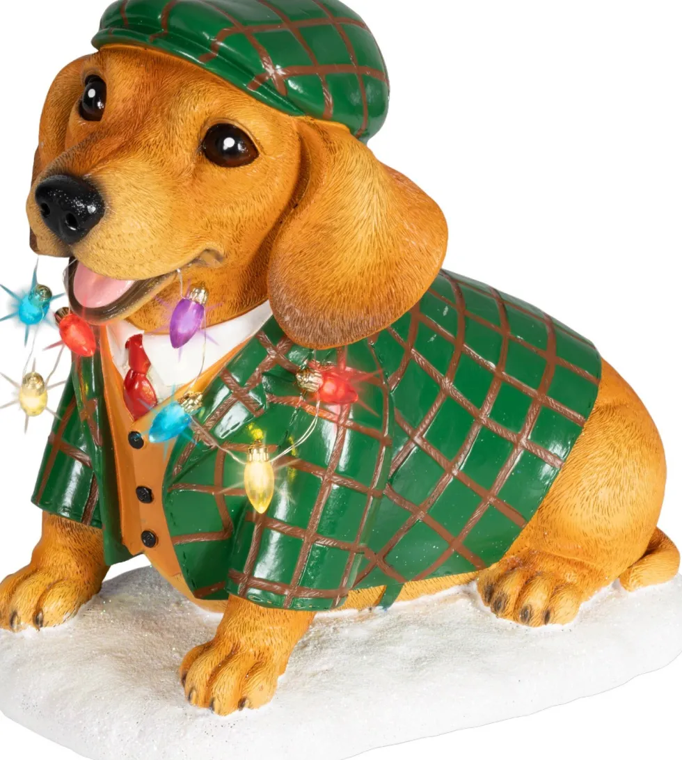 Lumineo kerstfiguur hond bruin / groen met verlichting 14,5 x 24 x 24 cm