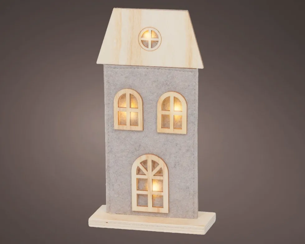Lumineo kerstfiguur huis grijs met verlichting 12 x 4,7 x 22 cm