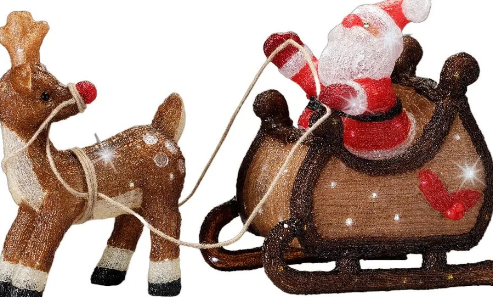 Lumineo kerstfiguur kerstman met slee rood / bruin met verlichting 82,5 x 33 x 47 cm