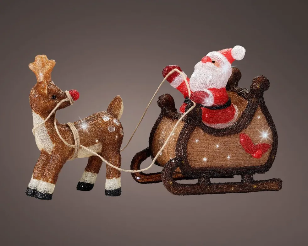 Lumineo kerstfiguur kerstman met slee rood / bruin met verlichting 82,5 x 33 x 47 cm