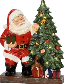 Lumineo kerstfiguur kerstman bij boom met verlichting 23 x 8,5 x 30 cm