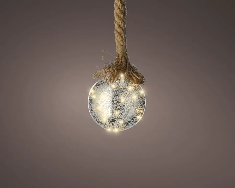 Lumineo kersthanger bal aan touw zilver met verlichting D 20 cm