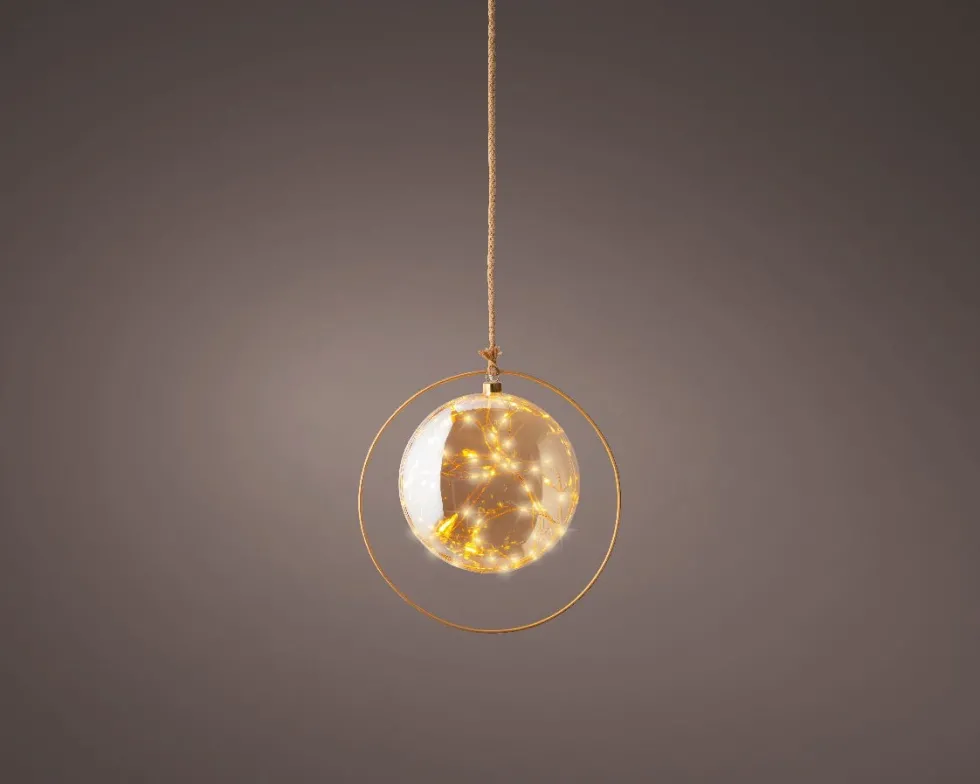 Lumineo kersthanger bal in ring oranje met verlichting D 26 cm