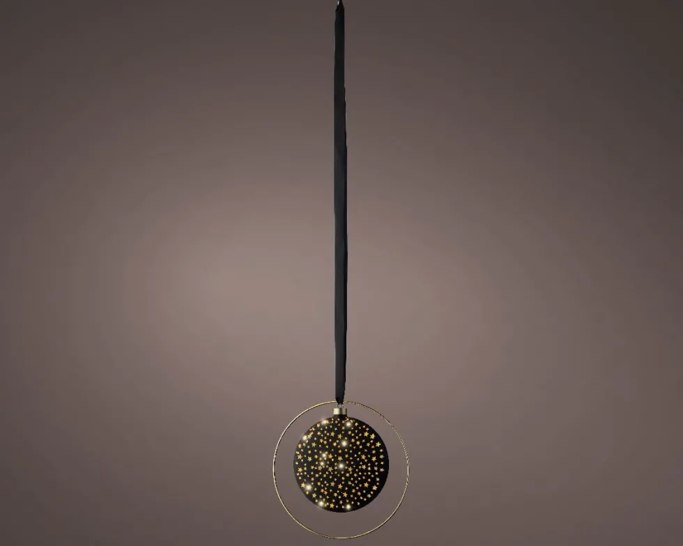 Lumineo kersthanger bal in ring zwart met verlichting 6,5 x 26 x 26 cm