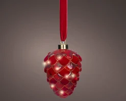 Lumineo kersthanger dennenappel rood met verlichting D 15 H 21 cm