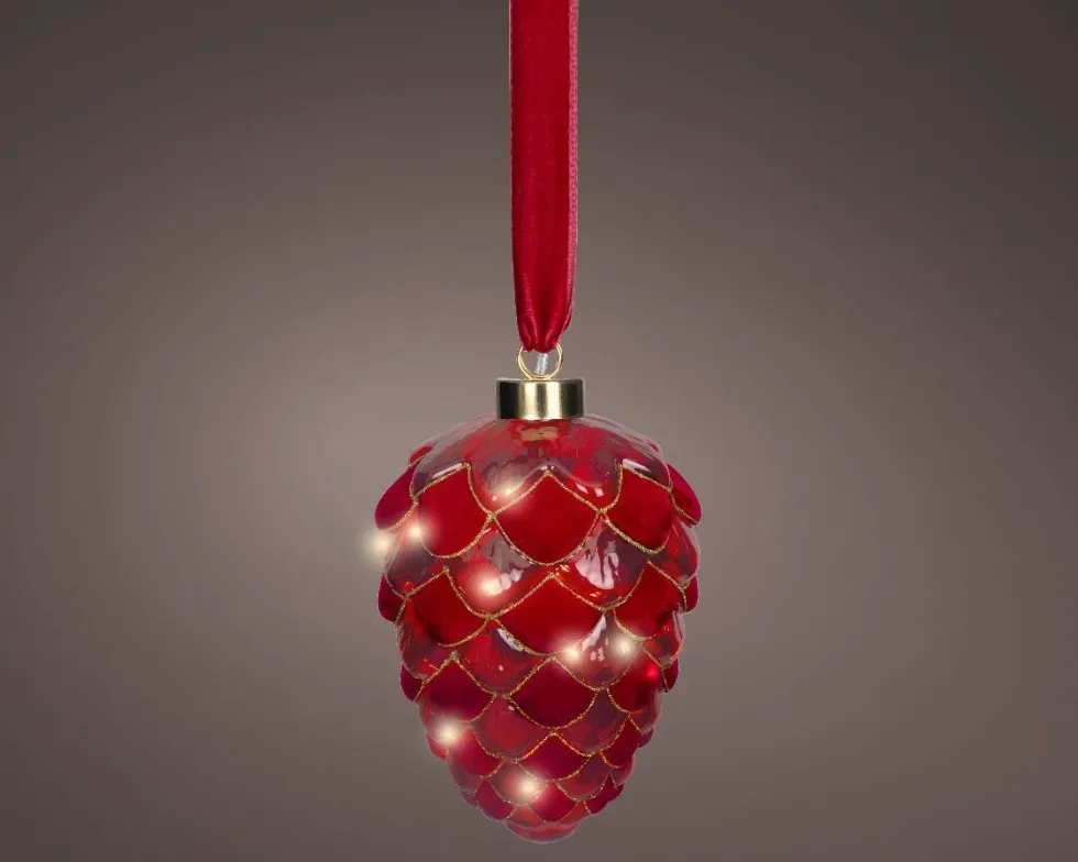 Lumineo kersthanger dennenappel rood met verlichting D 15 H 21 cm