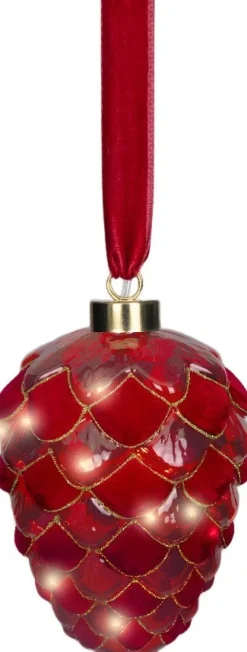 Lumineo kersthanger dennenappel rood met verlichting D 15 H 21 cm