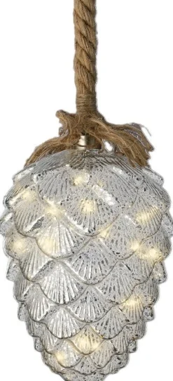 Lumineo kersthanger dennenappel aan touw zilver met verlichting 15 x 15 x 21 cm