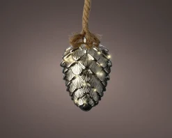 Lumineo kersthanger dennenappel aan touw grijs met verlichting 15 x 15 x 21 cm