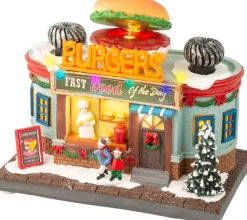 Lumineo kersthuisje burgers fast food (hamburgertent) 12 x 19,5 x 16 cm