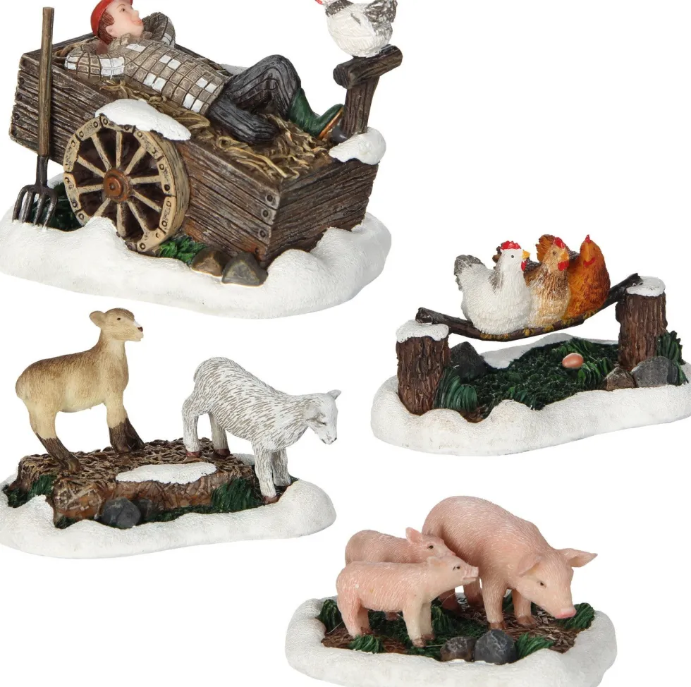 LuVille kerstdorpminiatuur boerderij 8 x 6 x 5,5 cm 4-delig