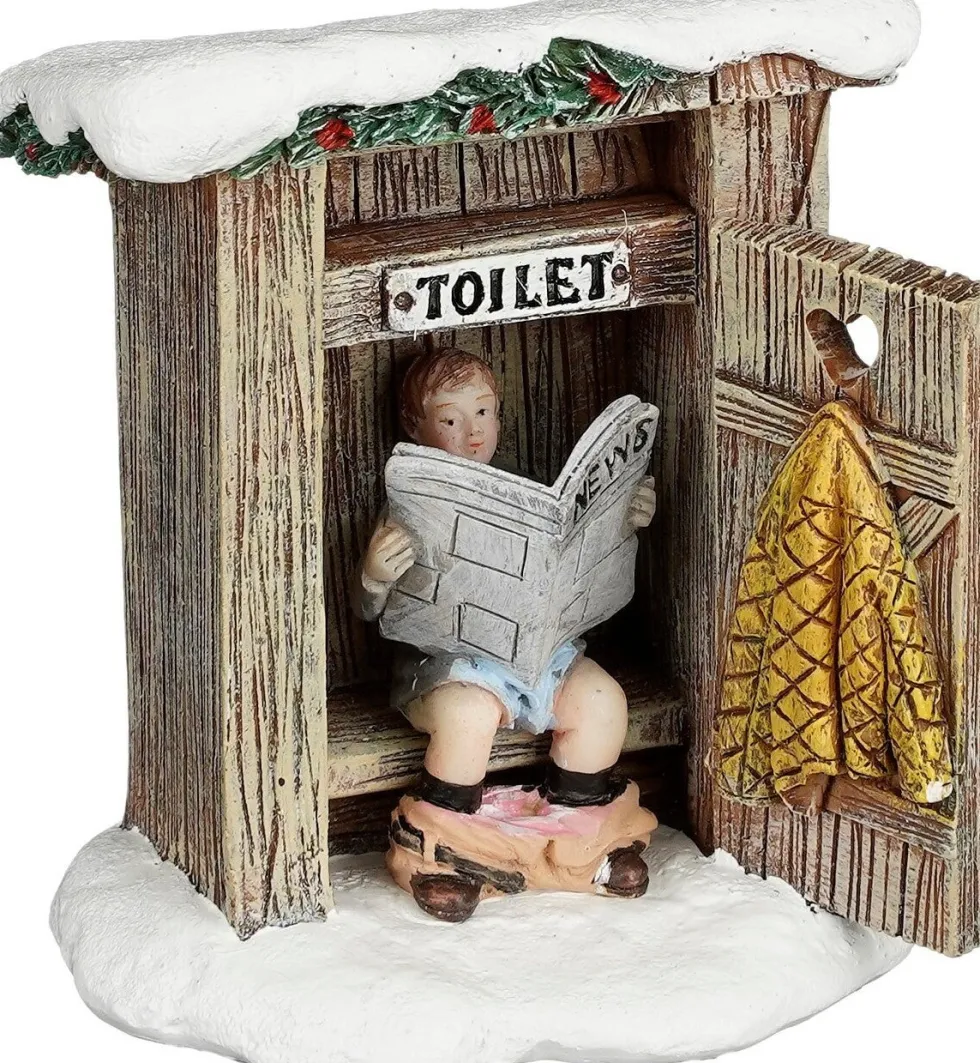 Luville kerstdorpminiatuur wooden outdoor toilet (toiletbezoek) 7 x 6 x 7,5 cm