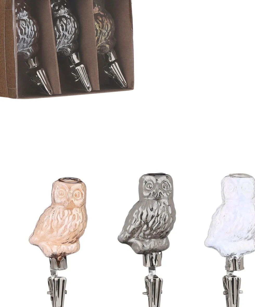 Mica Decorations kerstclip vaas uil 3,5 x 3 x 6,5 cm 3 stuks