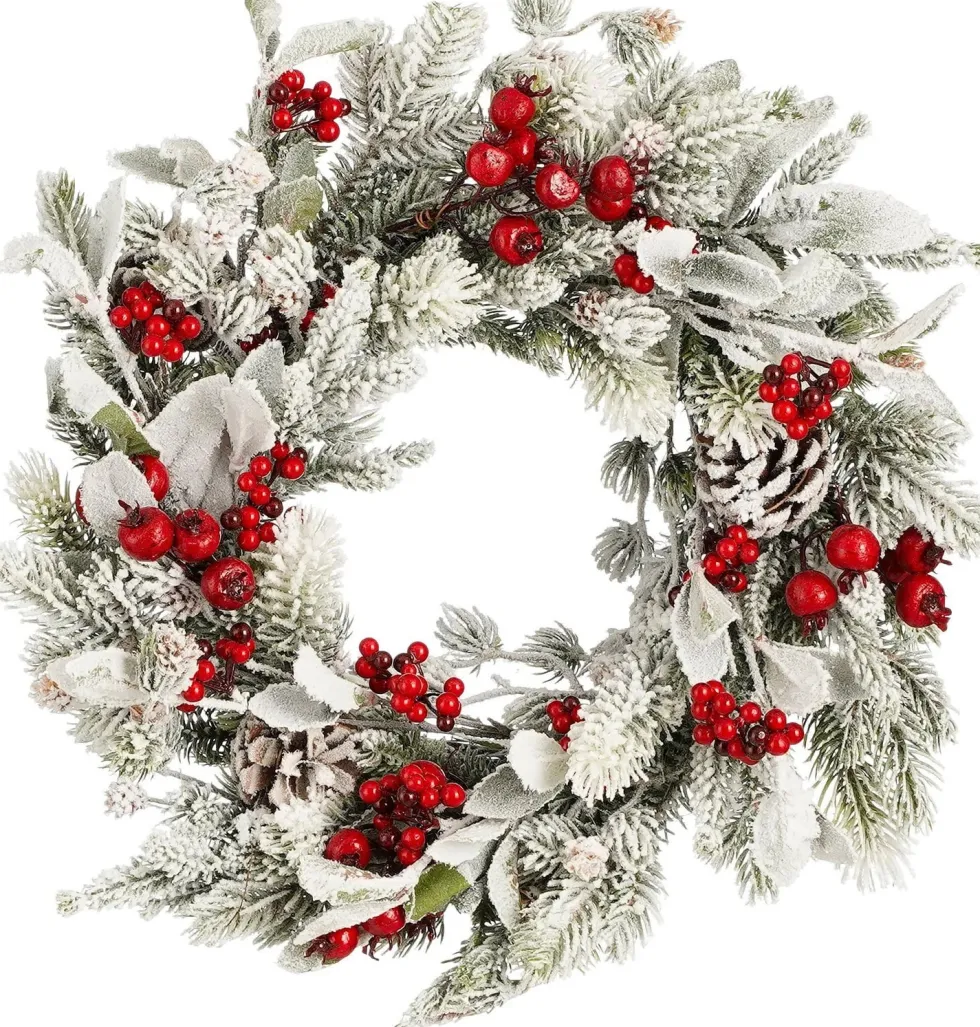Mica Decorations kerstkrans Belfort besneeuwd bessen rood D 40 H 11 cm
