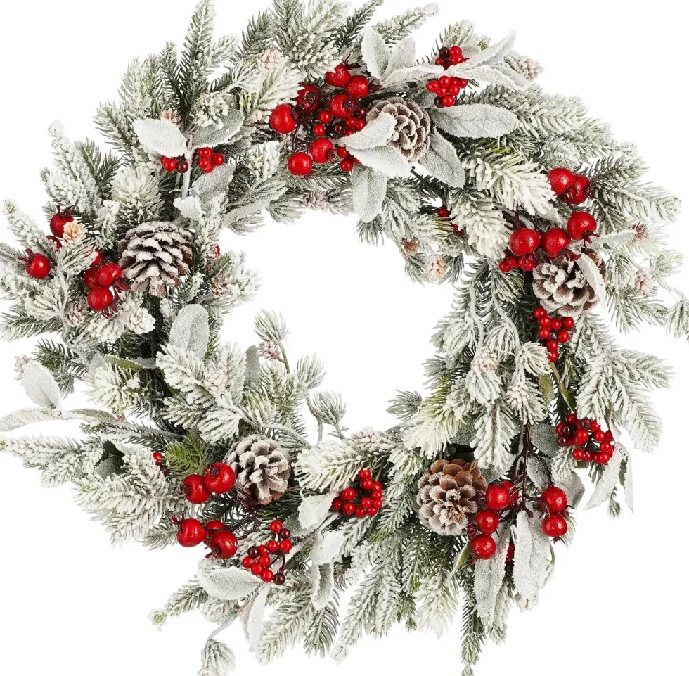 Mica Decorations kerstkrans Belfort besneeuwd bessen rood D 50 H 11 cm