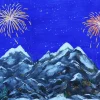 My Village kerstdorp achtergrond met vuurwerk 76 x 56 x 2 cm