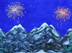 My Village kerstdorp achtergrond met vuurwerk 76 x 56 x 2 cm