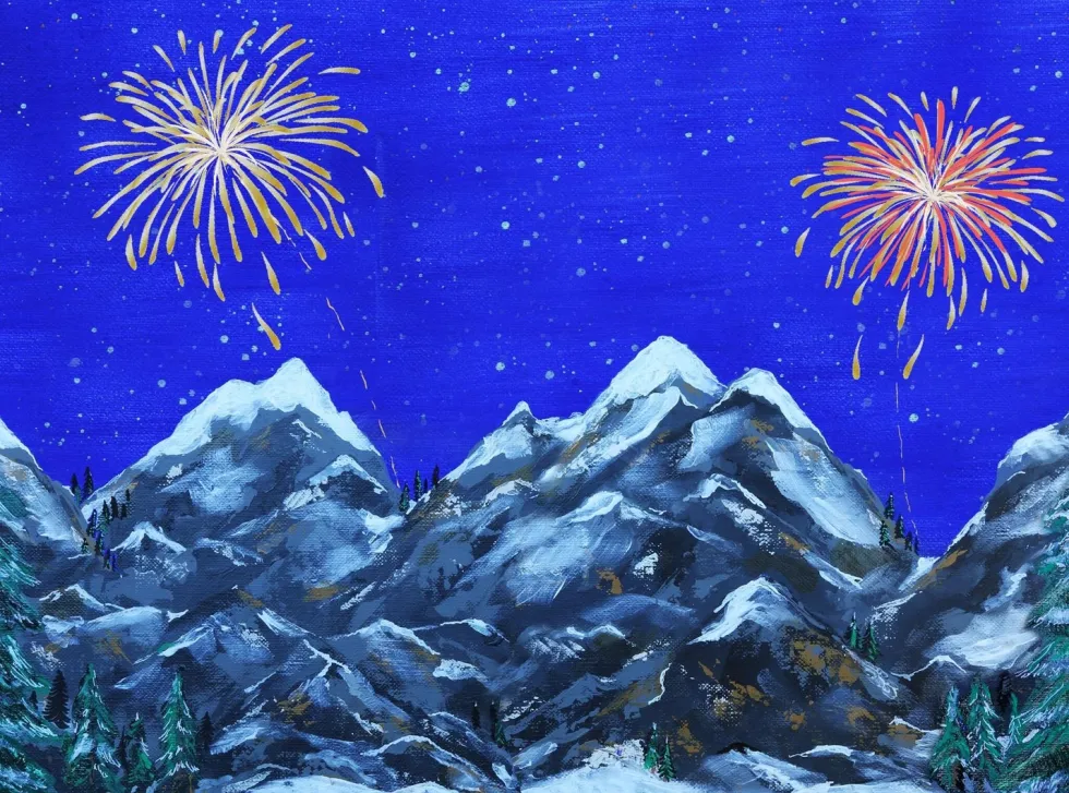 My Village kerstdorp achtergrond met vuurwerk 76 x 56 x 2 cm