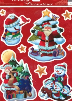 Raamsticker kerst kerstman en sneeuwpoppen gekleurd 30 x 42 cm