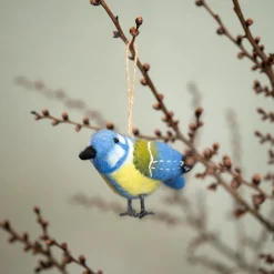 Sjaal met Verhaal kerst ornament Manu pimpelmeesje blauw / geel 7 x 4 x 10 cm