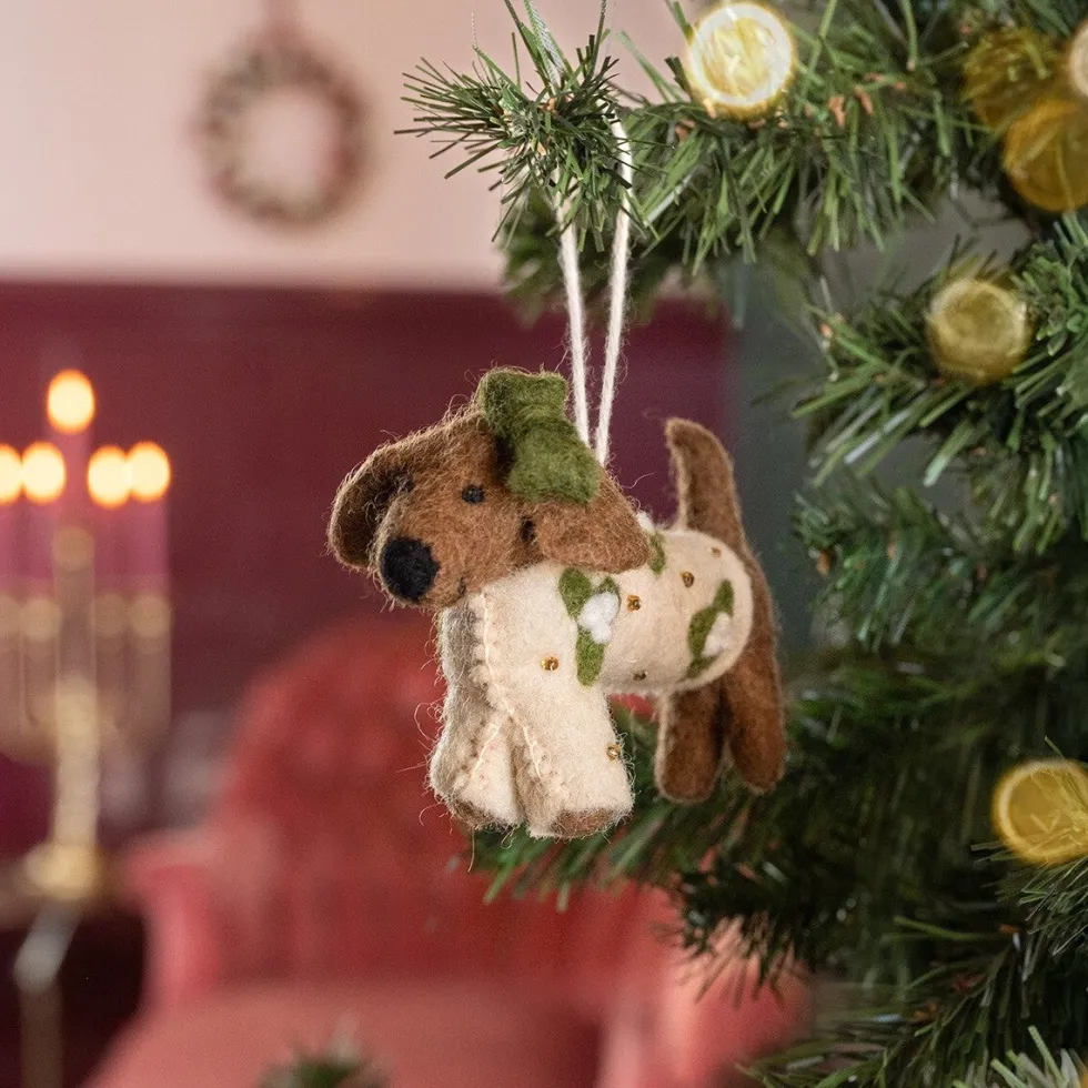 Sjaal met Verhaal kerst ornament teckel crème / bruin 13 x 4 x 9 cm