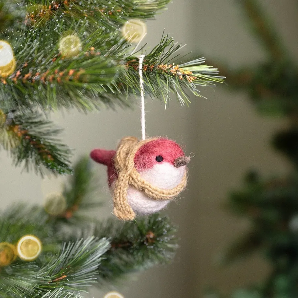 Sjaal met Verhaal kerst ornament vogeltje wit / rood 6 x 12 x 8 cm