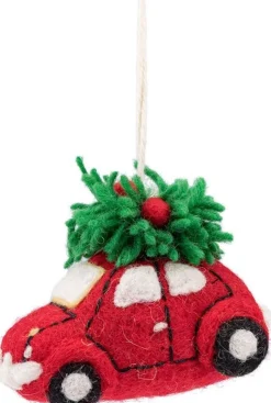Sjaal met Verhaal kerst ornament auto met kerstboom rood / groen 5 x 9 x 7 cm