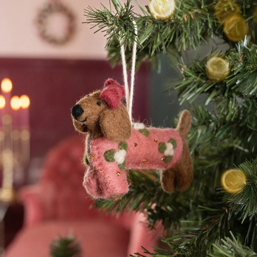 Sjaal met Verhaal kerst ornament teckel roze / bruin 13 x 4 x 9 cm