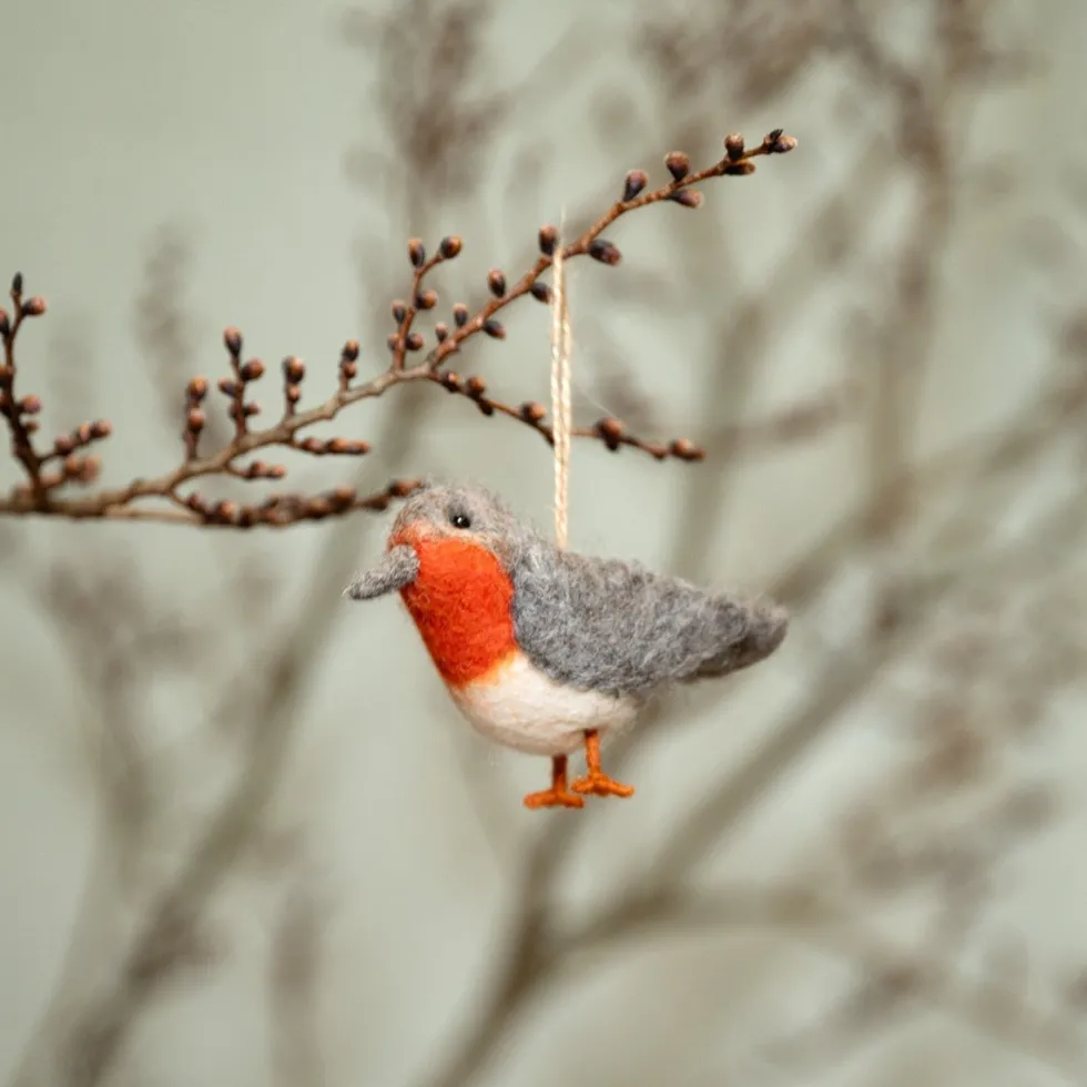 Sjaal met Verhaal kerst ornament Manu roodborstje rood / bruin 7 x 4 x 10 cm