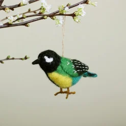 Sjaal met Verhaal kerst ornament Manu koolmeesje groen / zwart 7 x 4 x 10 cm