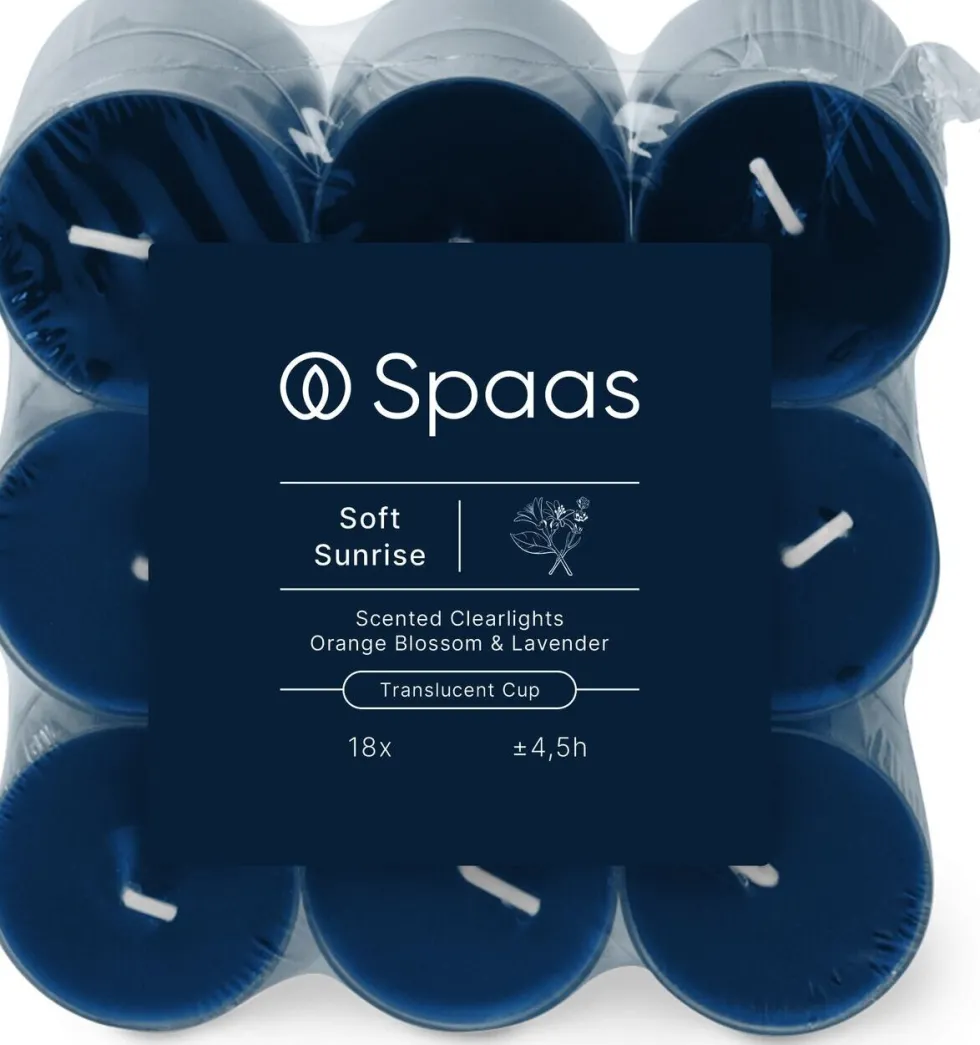 Spaas geurkaars Essential collection Soft Sunrise blauw 4,5 uur D 3,5 H 1,6 cm 18 stuks