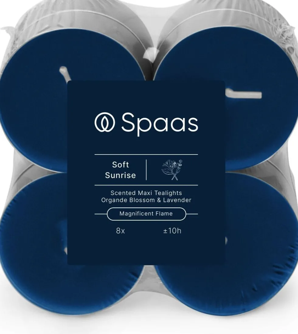 Spaas geurkaars Essential collection Soft Sunrise blauw 10 uur D 6 H 2,1 cm 8 stuks