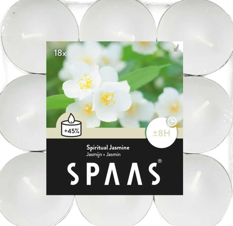 Spaas waxinelichten Canny jasmin wit 8 uur D 11,8 H 4,4 cm 18 stuks