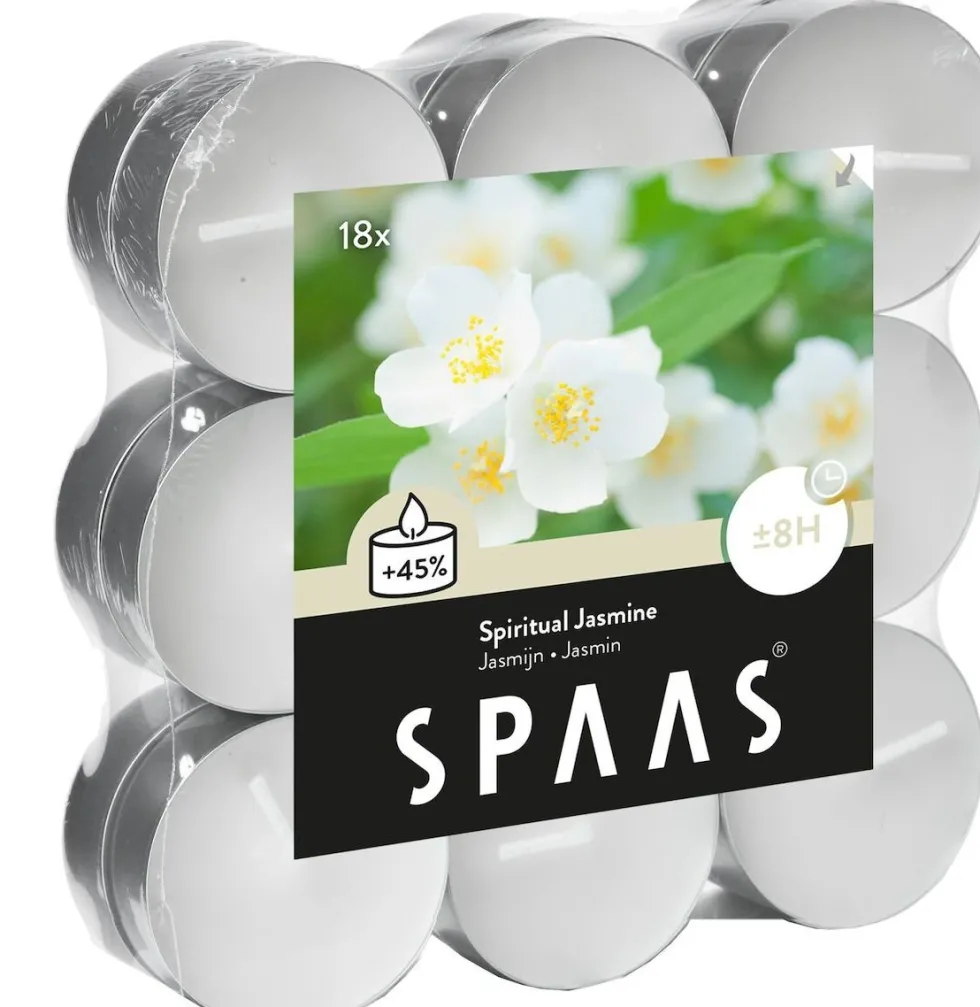 Spaas waxinelichten Canny jasmin wit 8 uur D 11,8 H 4,4 cm 18 stuks