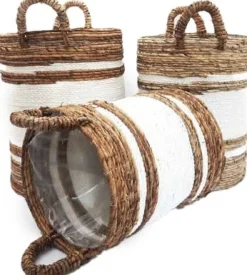 Van der Leeden plantenmand Abaca naturel / wit D 40 H 45 cm