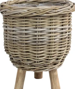 Van der Leeden plantenmand op poten rotan grijs D 34 H 40 cm