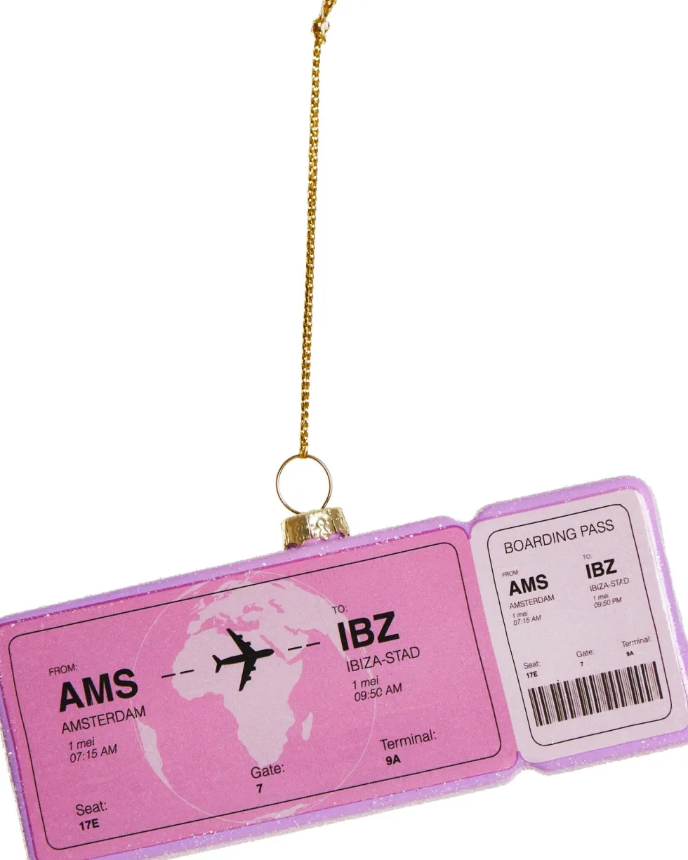 Yup in de Boom kerst ornament vliegticket ibiza roze 12 x 4,5 x 1,2 cm