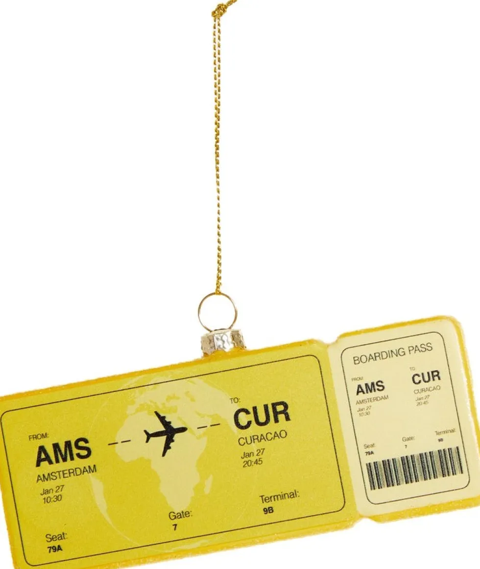 Yup in de Boom kerst ornament vliegticket curacao geel 12 x 6,5 x 1,5 cm